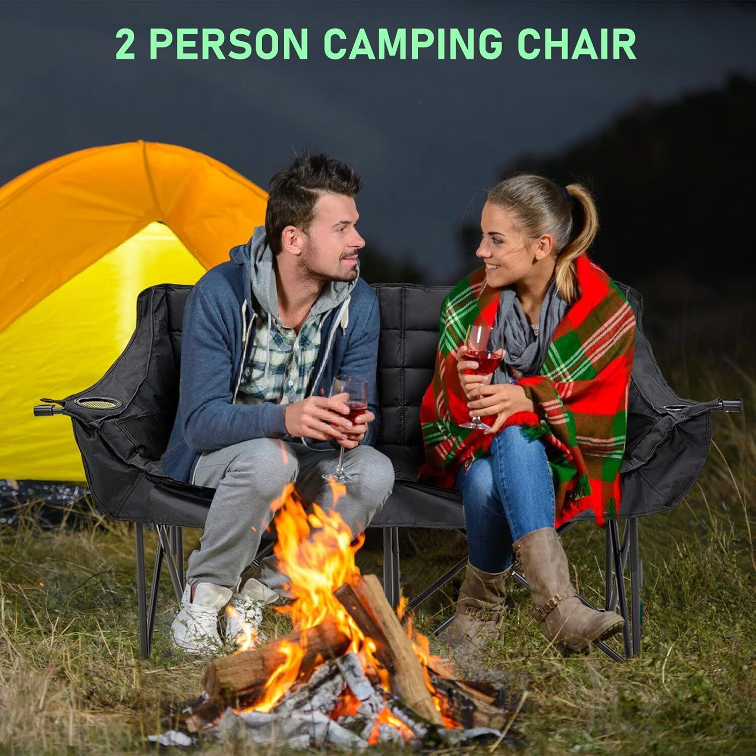 H&ZT Double Camping Chair, Fully Padded Folding Camping Loveseat Duo Chair 600lb