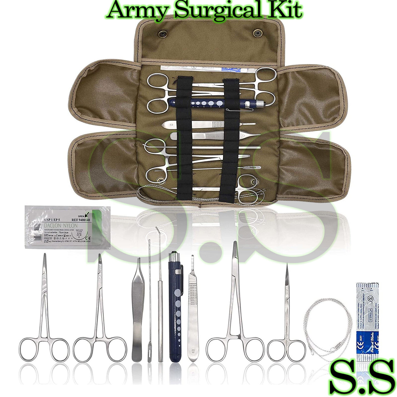 Army Surgical Kit - Sutures, Scalpel, Hemostats - Black - Military First Aid