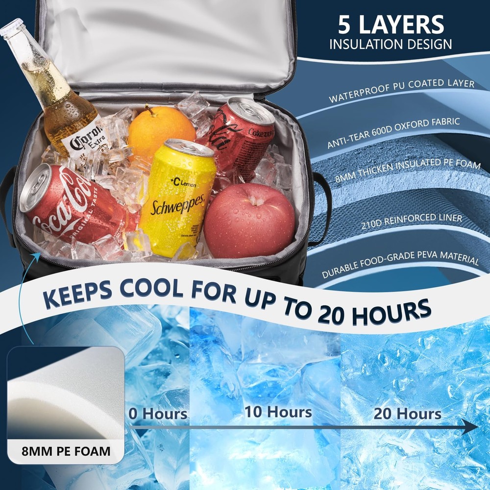 Large Backpack Cooler 36 Can 2 Insulated Compartment Leak Proof Waterproof