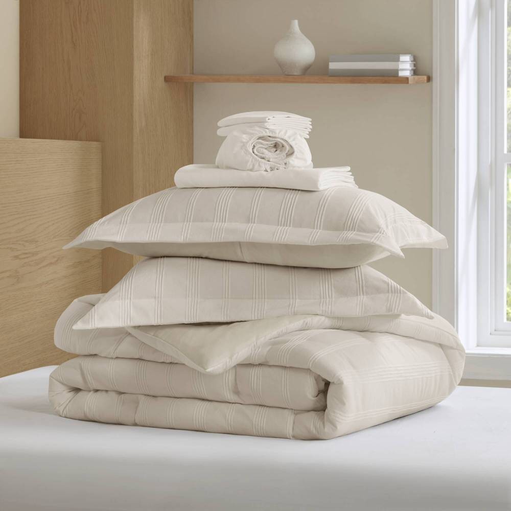 Full Woven Striped Comforter Set, Neutral Bedding for Adults | 7-Piece