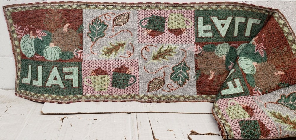 Long Tapestry Table Runner, 12"x70",FALL,HARVEST PATCHWORK, LEAVES & PUMPKINS,HC