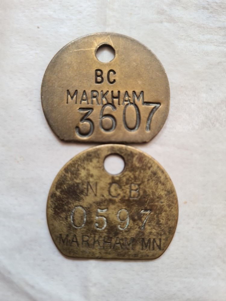 Markham 2 x PIT CHECKS Tally Token Brass Mining Memrobillia  British Coal & NCB