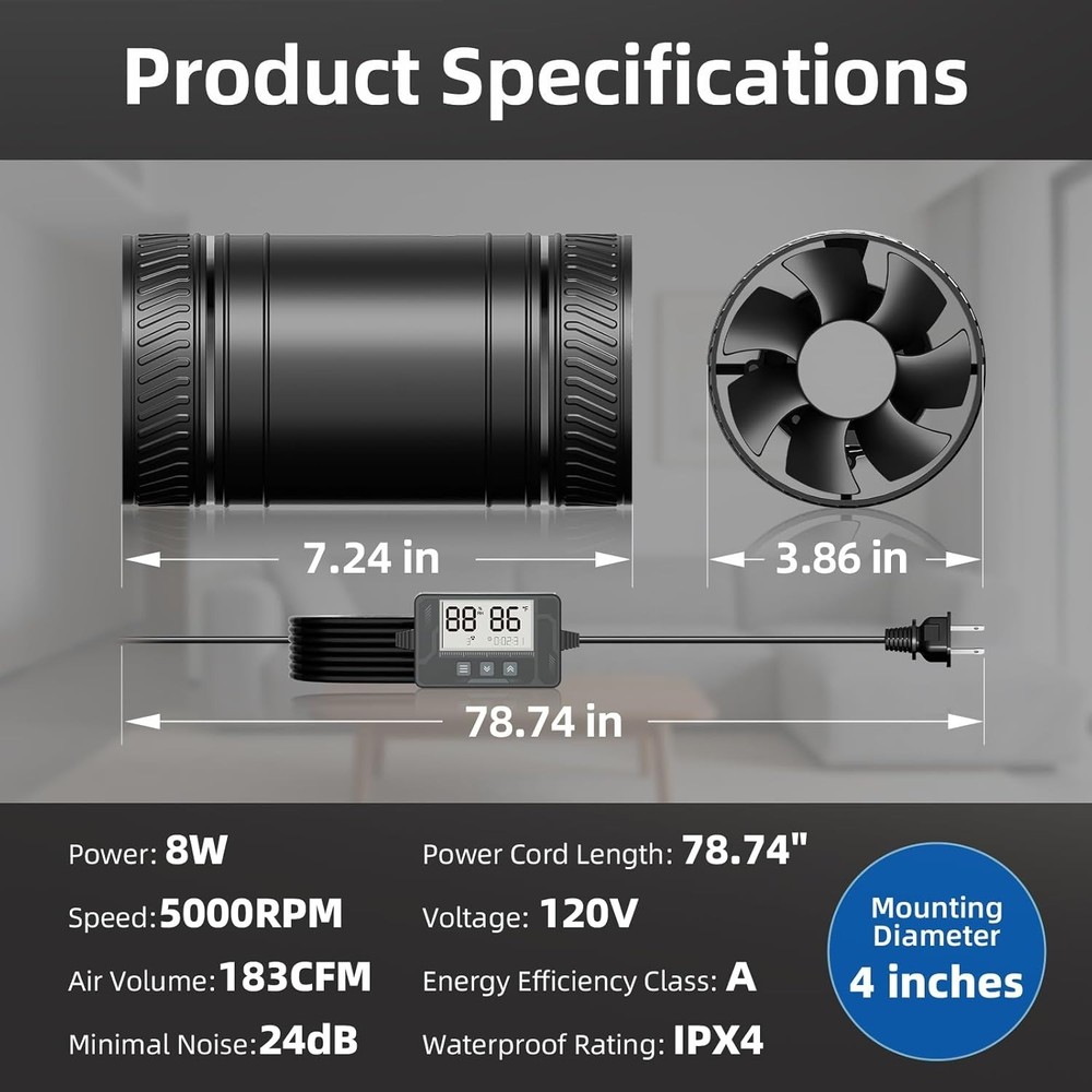 4 Inch Inline Duct Fan w/ Humidity Sensor Remote Timer 6-Speed Low Noise