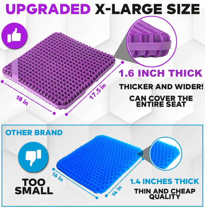 Gel Seat Cushion for Long Sitting, Ergonomic Cooling Pad, Non-Slip Cover- XLarge