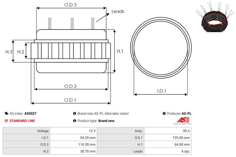 FOR CAR STARTER AS0027 STATOR, ALTERNATOR