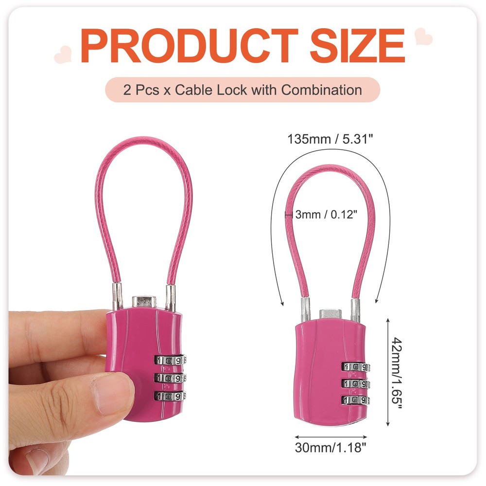 2 Pcs 3 Digit Luggage Cable Combination Lock with 5" Long Cable, Rose