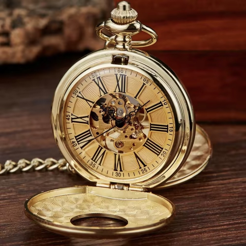 Golden Double Face Mechanical Pocket Watch