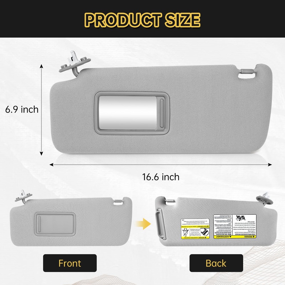 Left Driver Side Sun Visor with Vanity Light Compatible Side, Grey