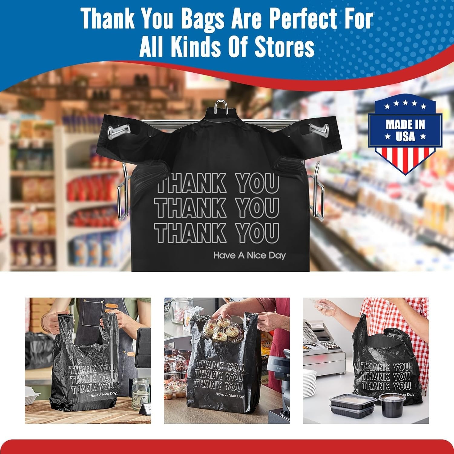 1000 Black Thank You T-Shirt Bags 12" x 6.5" x 21" Plastic Grocery Shopping Bags