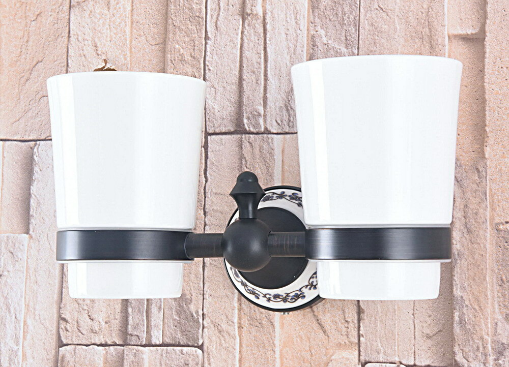 Black Oil Rubbed Brass Bathroom Toothbrush Holder with 2 Ceramic Cups 2ba767