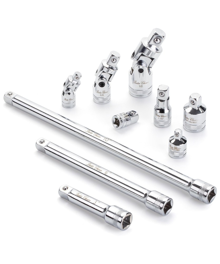 Bates 10pc Socket Accessory Set 1/4 3/8 1/2" Drive Extensions Adapters Silver