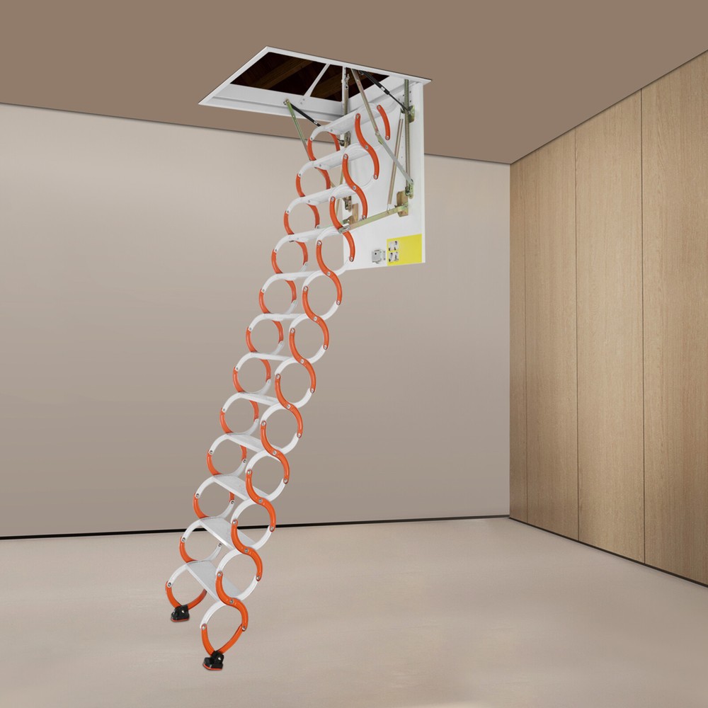 12 Steps Attic Ladder Pull Down Attic Stairs Folding Ladder Ceiling Mounted 10ft