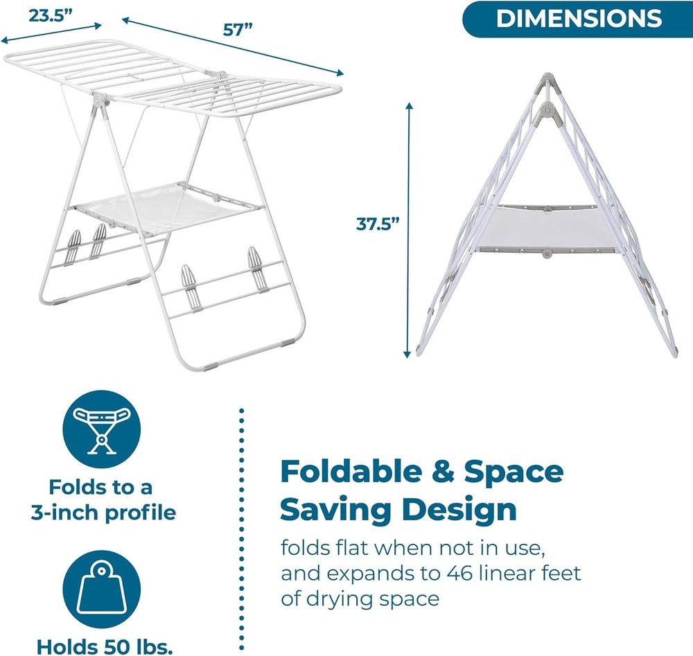 Portable Gullwing Folding Clothes Drying Rack - Space Saving, 46ft Drying Space