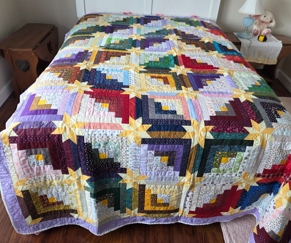 Handmade Log Cabin & Star Patterned Quilt 70" x 74"  #11