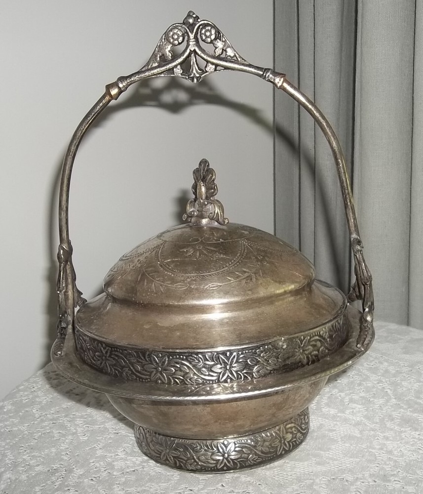 Antique  VICTORIAN Silverplate Covered handled  BOWL  Dome