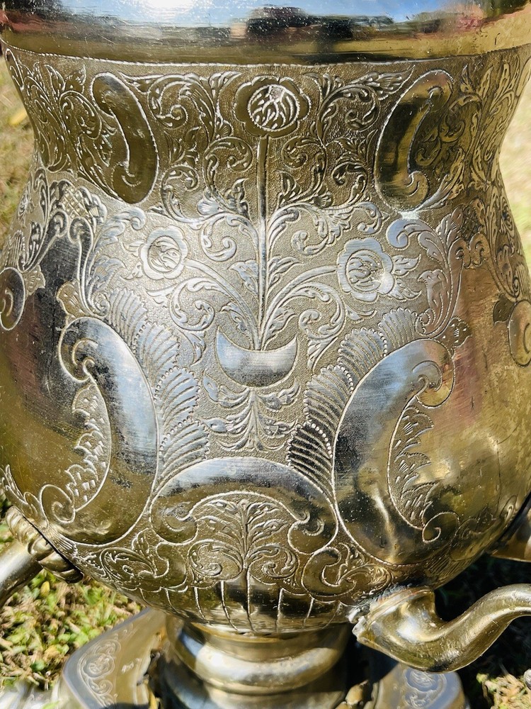 Large Exceptional Moroccan Samovar With Hand Chaised Surface Signed L Z.