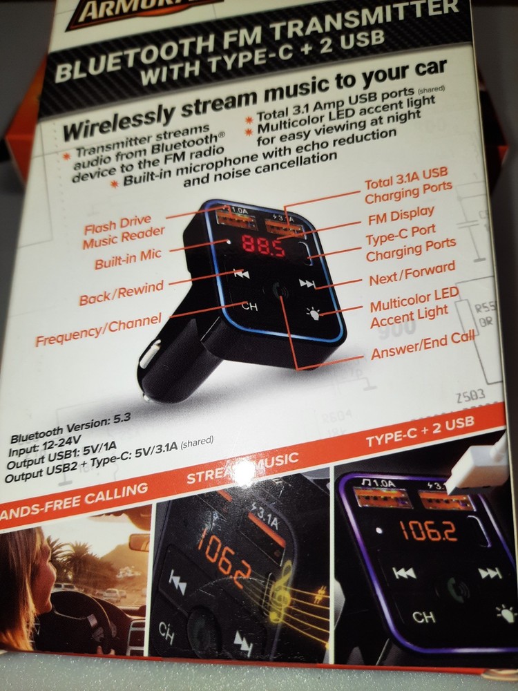 ArmorAll Bluetooth FM Transmitter With Type-C + 2 USB AHF9-1013BLK