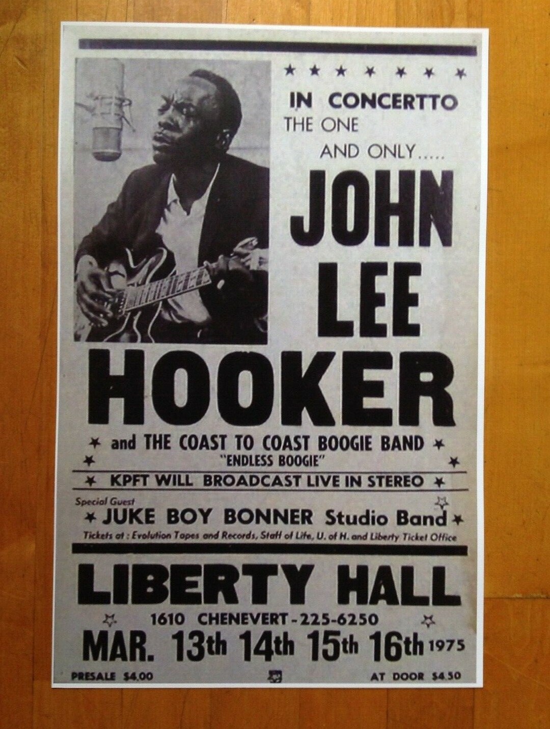 John Lee Hooker at The Liberty Hall Theatre Concert Poster 1975 11 X 17