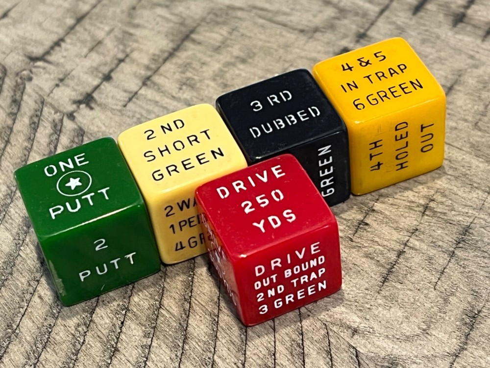 Old bakelite Galloping Golf oversized dice cube set cherry apple + 120123@
