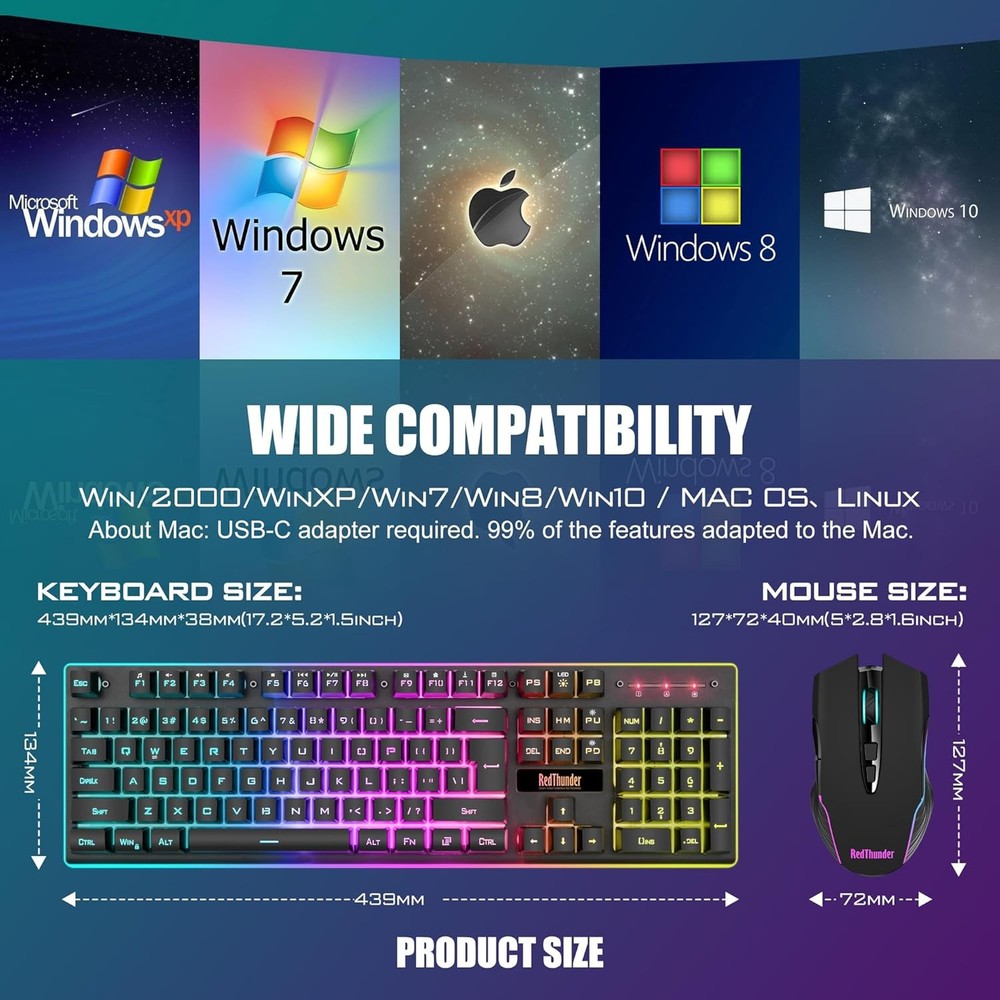 RedThunder K10 Wireless Gaming Keyboard and Mouse Combo, LED Backlit Black