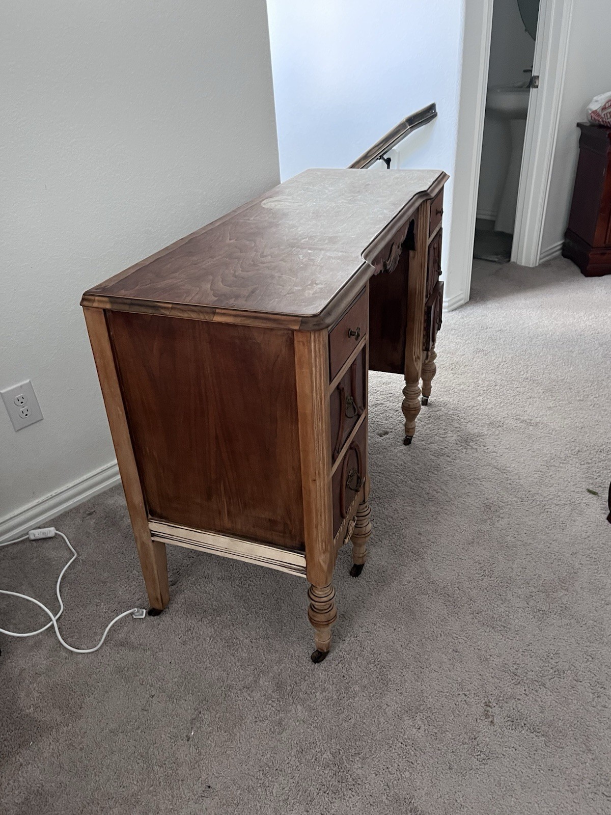 King Haase Antique Vanity with Mirror with Original Wooden Wheels. Very Rare