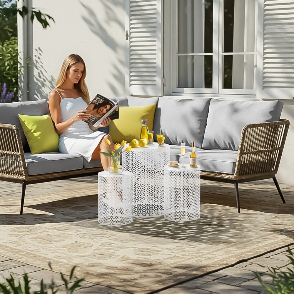 3PC Patio Nesting Side End Tables Shamrock Pattern Round Metal Frame for Outdoor
