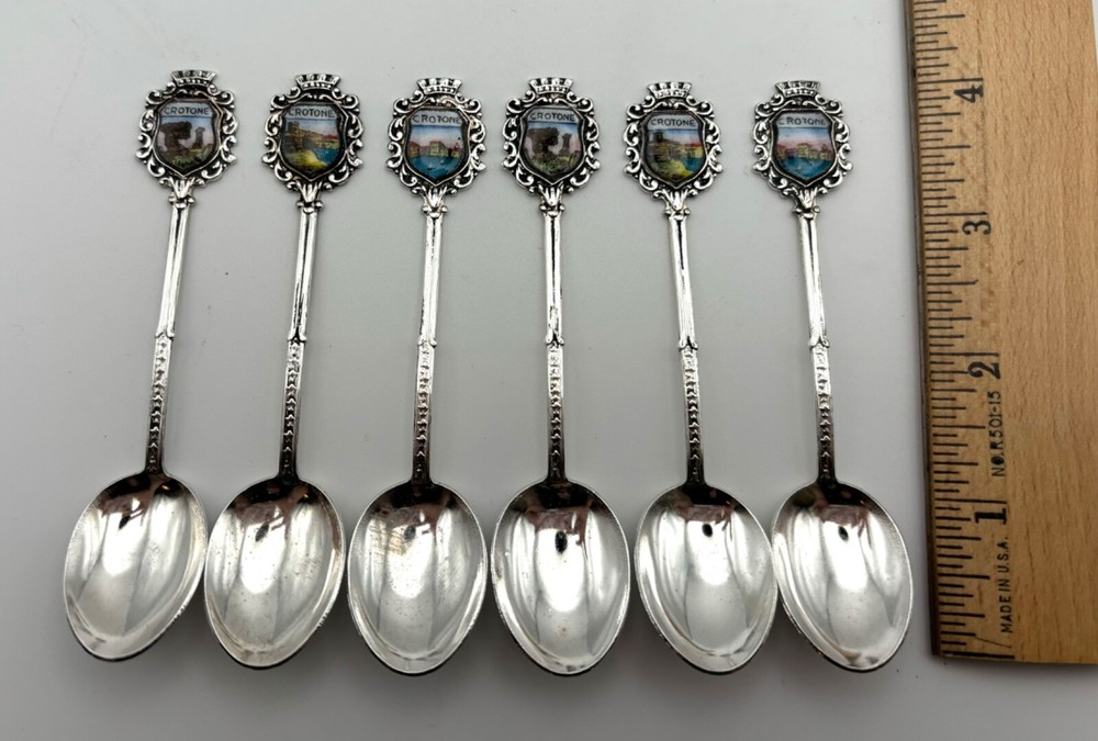 Crotone, Italy Set of 6 Spoons, Vintage Silver-tone Ornate Designed Souvenirs