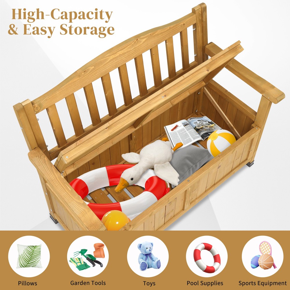 Yard Storage Bench Deck Box Wood Seating Container Tools Toys with Backrest