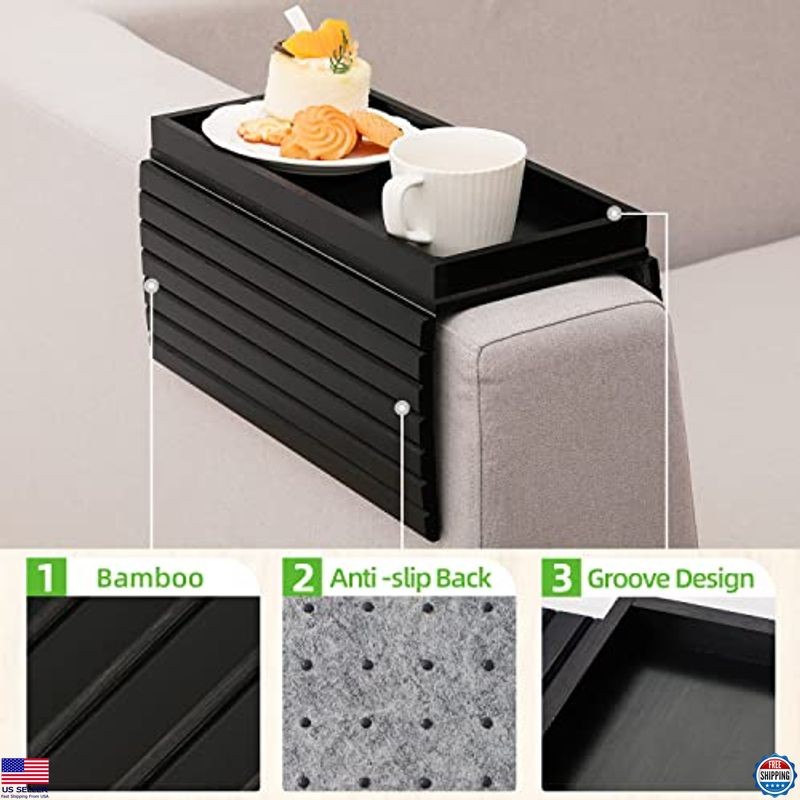 GEHE Foldable Bamboo Sofa Arm Tray - Versatile Couch Side Table for Snacks &