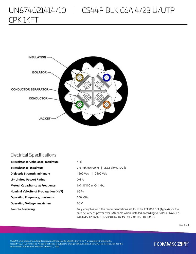 Commscope CS44P Cat6A U/UTP Network Ethernet 10G 10Gig Cable Plenum Black /50ft
