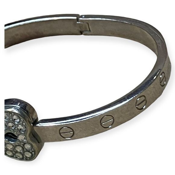 Designer Heart Lock Crystal Bangle Bracelet Love Statement Silver tone 7"