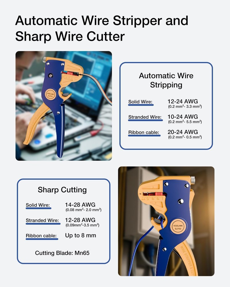 VCELINK Wire Stripper and Cutter, Professional Quick Strip Yellow-blue