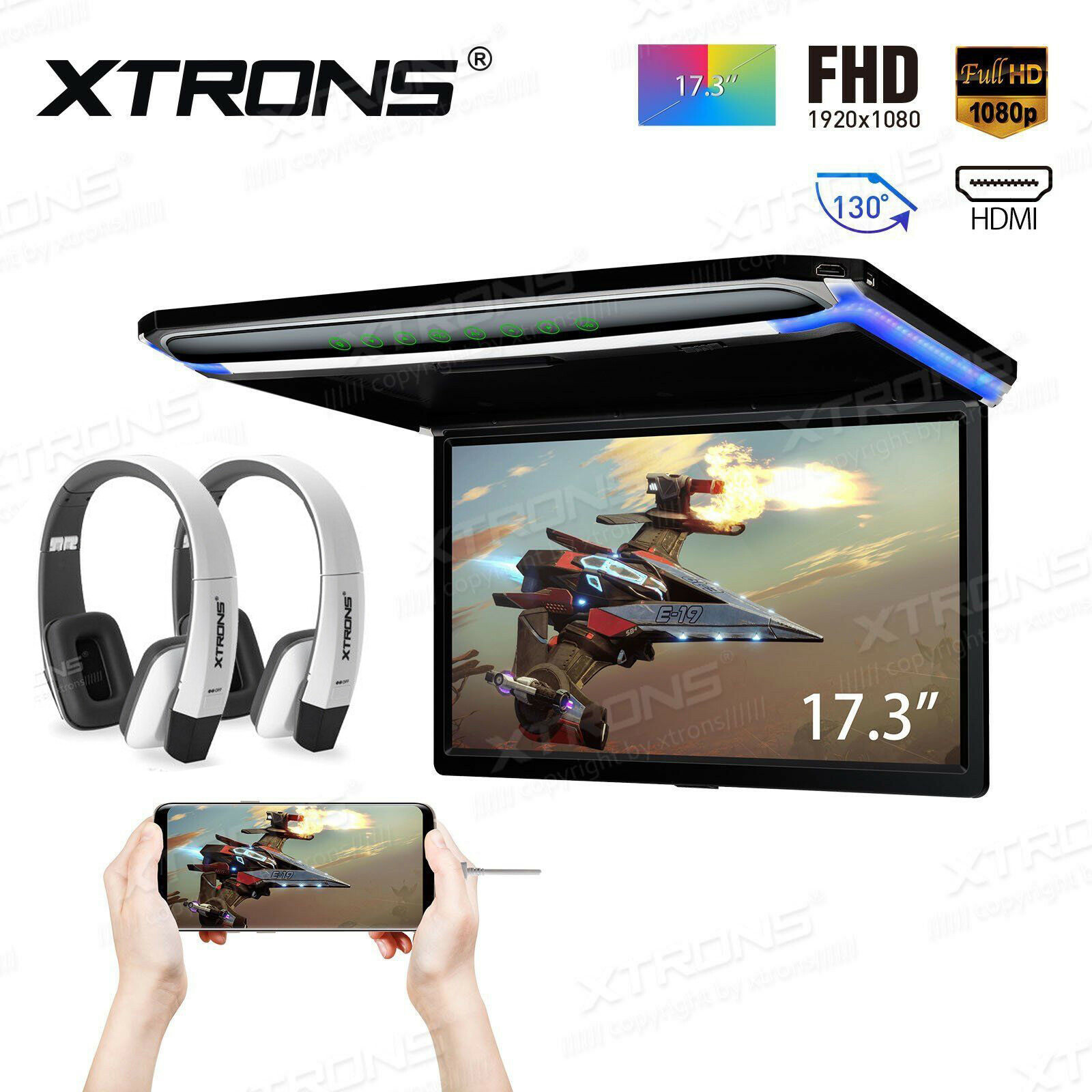 17.3" Car TV Roof Flip Down Monitor HDMI USB 1080P Video Player +2x Headphones