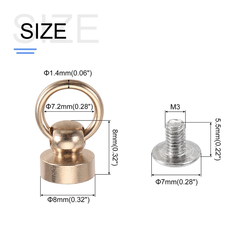 Round Head Pull Ring Rivet Studs 8mm 6Pcs Brass Button Rivets w Screw Champagne