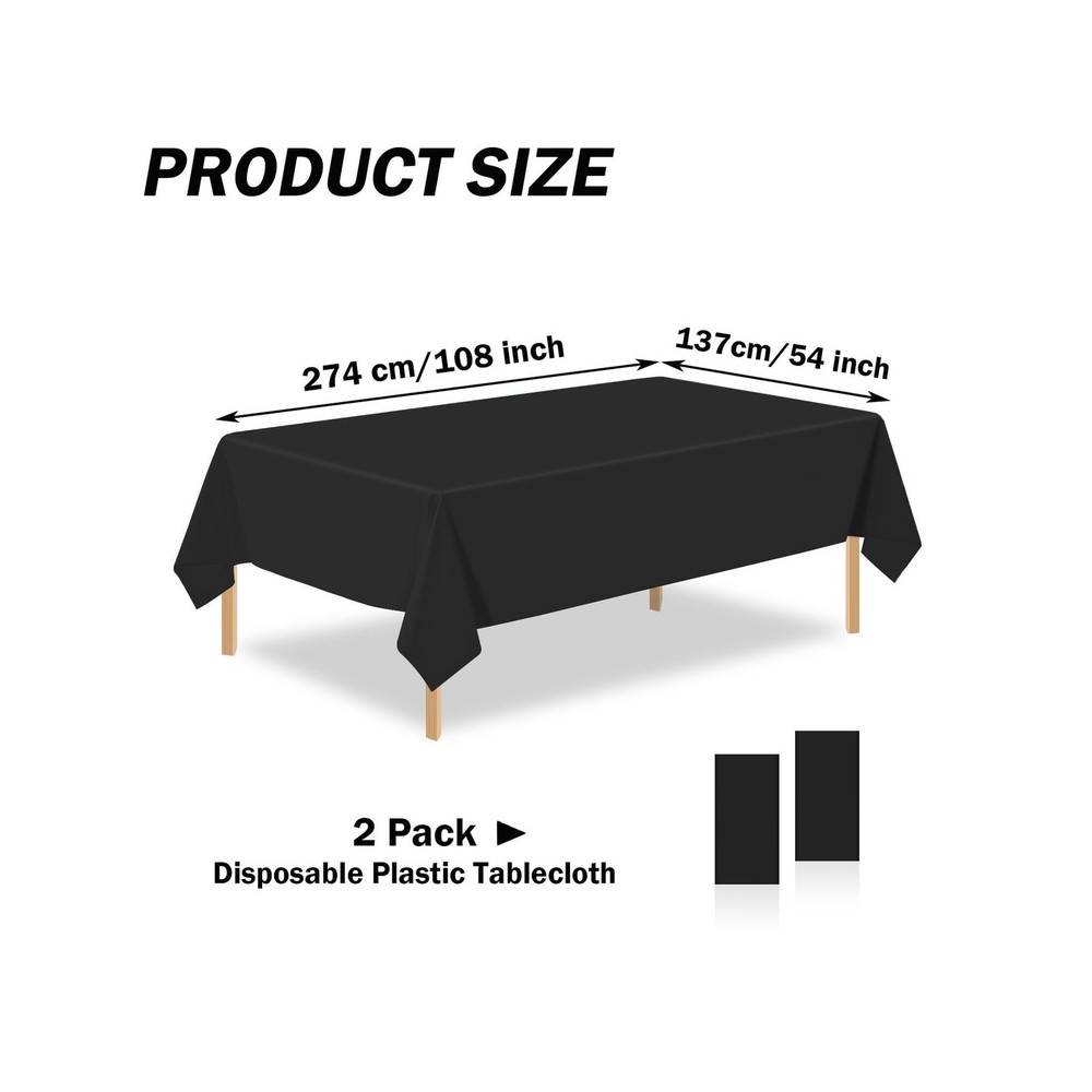 2 Pack Black Plastic Table Cloth Disposable Rectangle Tablecloth 54 x 108 Inc...