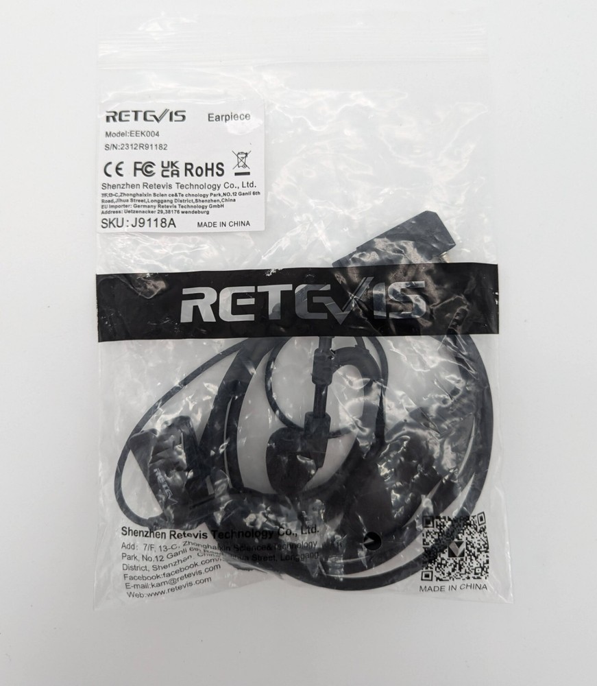 Retevis EEK004 2-Pin Ear hook Earpiece - Collar Clip & PTT Button - Black