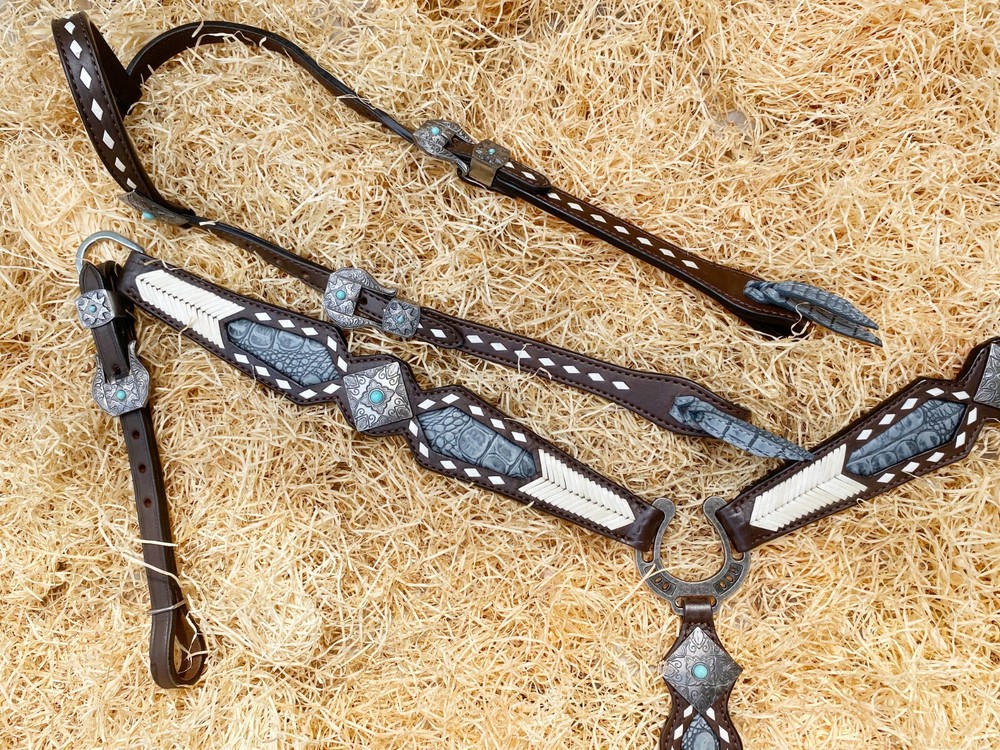 Western leather headstall breast collar décor with rawhide geometrical grading