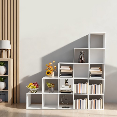 Ladder Cube Storage Bookcase L-shaped Corner Shelf 15-cube Organizer White