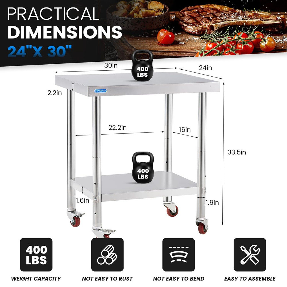 Stainless Steel Table for Prep & Work with 4 Caster Wheels with Adjustable Under