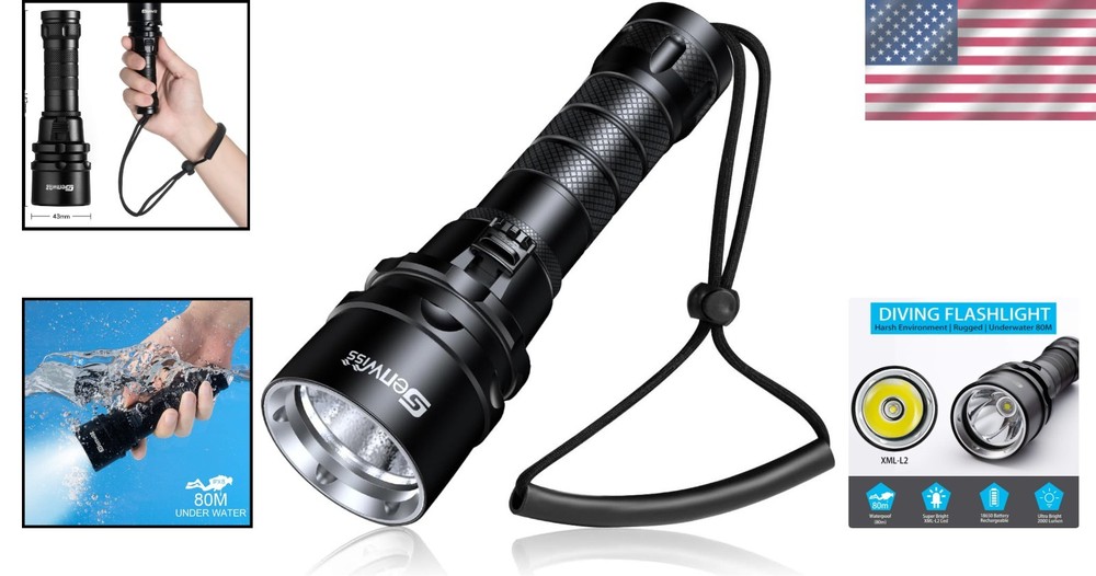 Dive Light with Charger - 2000 Lumen Underwater Flashlight