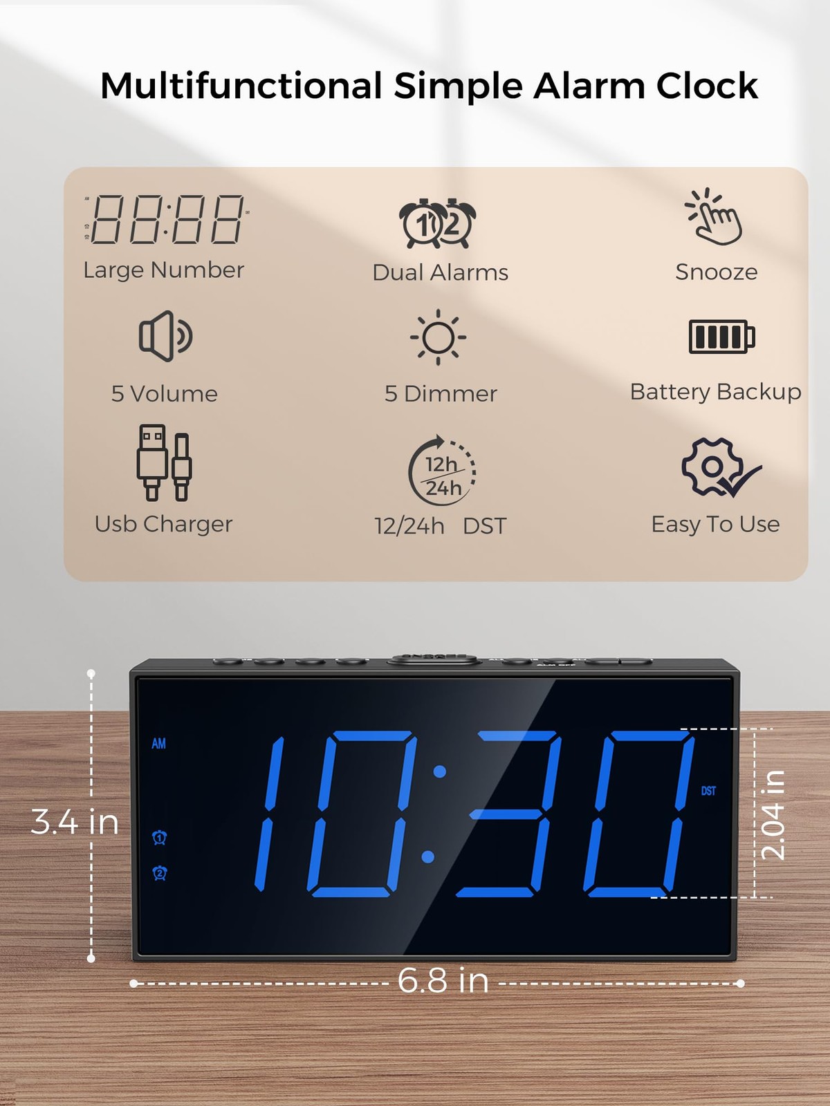 Digital Dual Alarm Clock Large Display Bedside Clock USB Phone Charger Loud LED