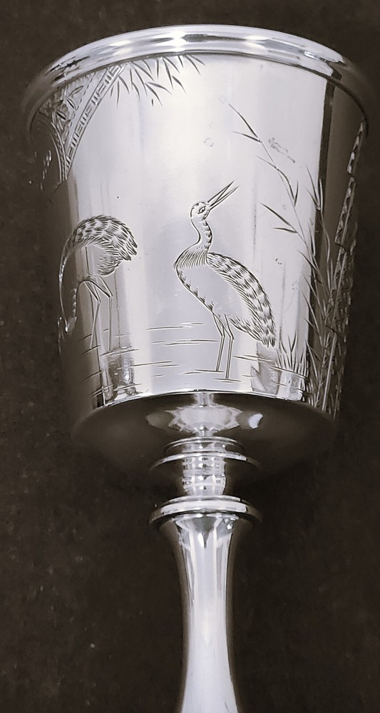 Sterling SILVER GOBLET, Whiting, Aesthetic Japanesque, Pr Storks, Stemware, 7"t