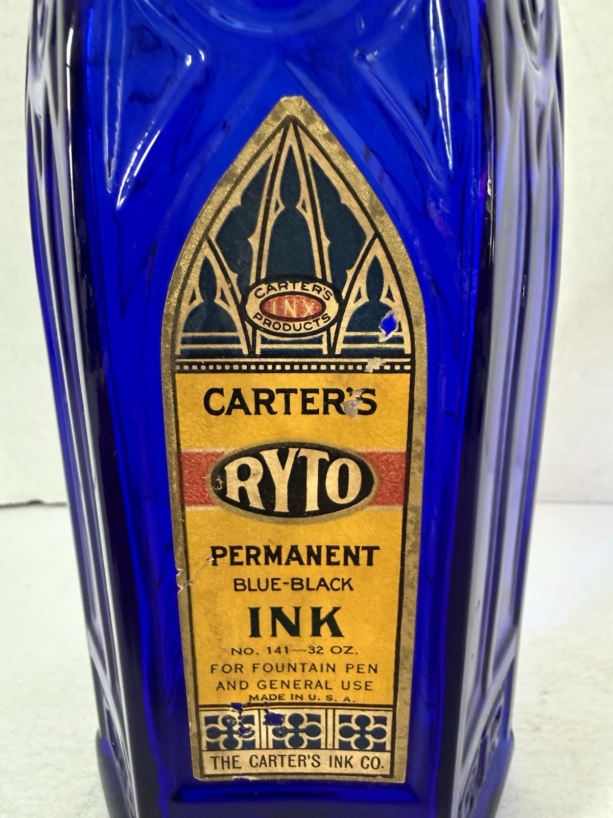Vintage Cathedral Style Blue Glass Carter's Ink Bottle/Jar with label & Stopper