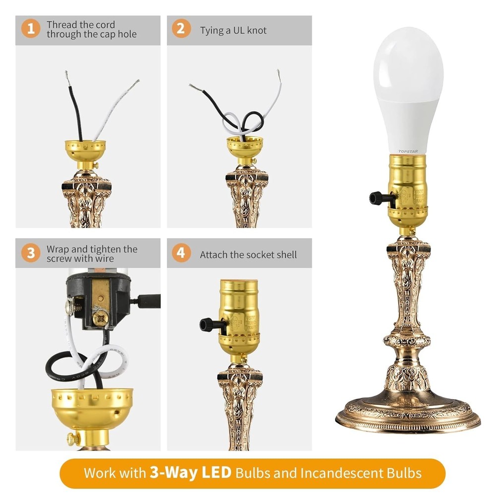 2 Pcs 3 Way Lamp Socket Replacement for E26 Threaded Base, 3 Light Gold