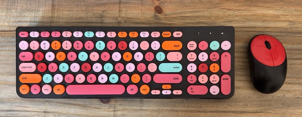 Compact Multicolor English QWERTY Keyboard & Red Wireless Mouse Bundle