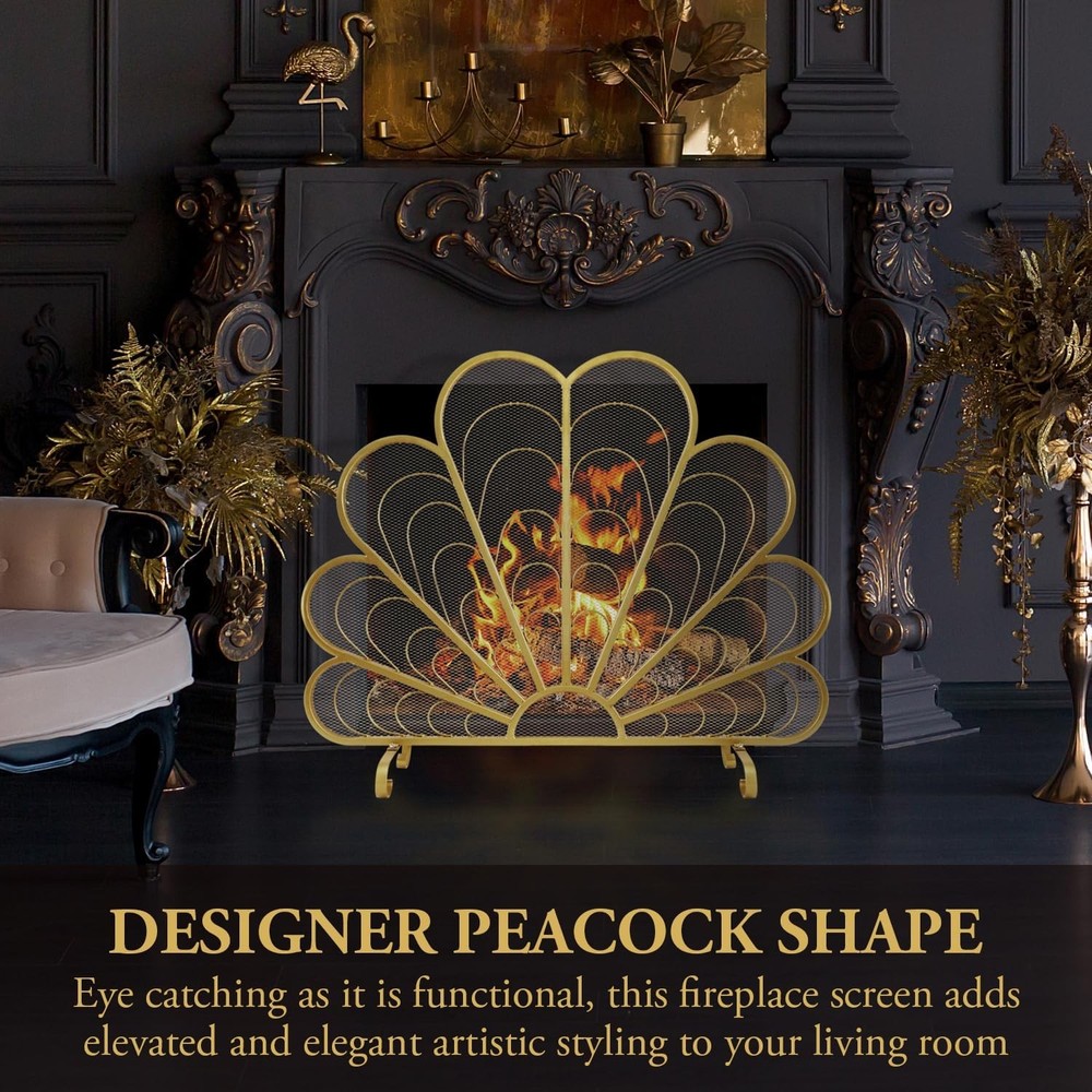 Freestanding Peacock Feather Fireplace Screen Brass Tone