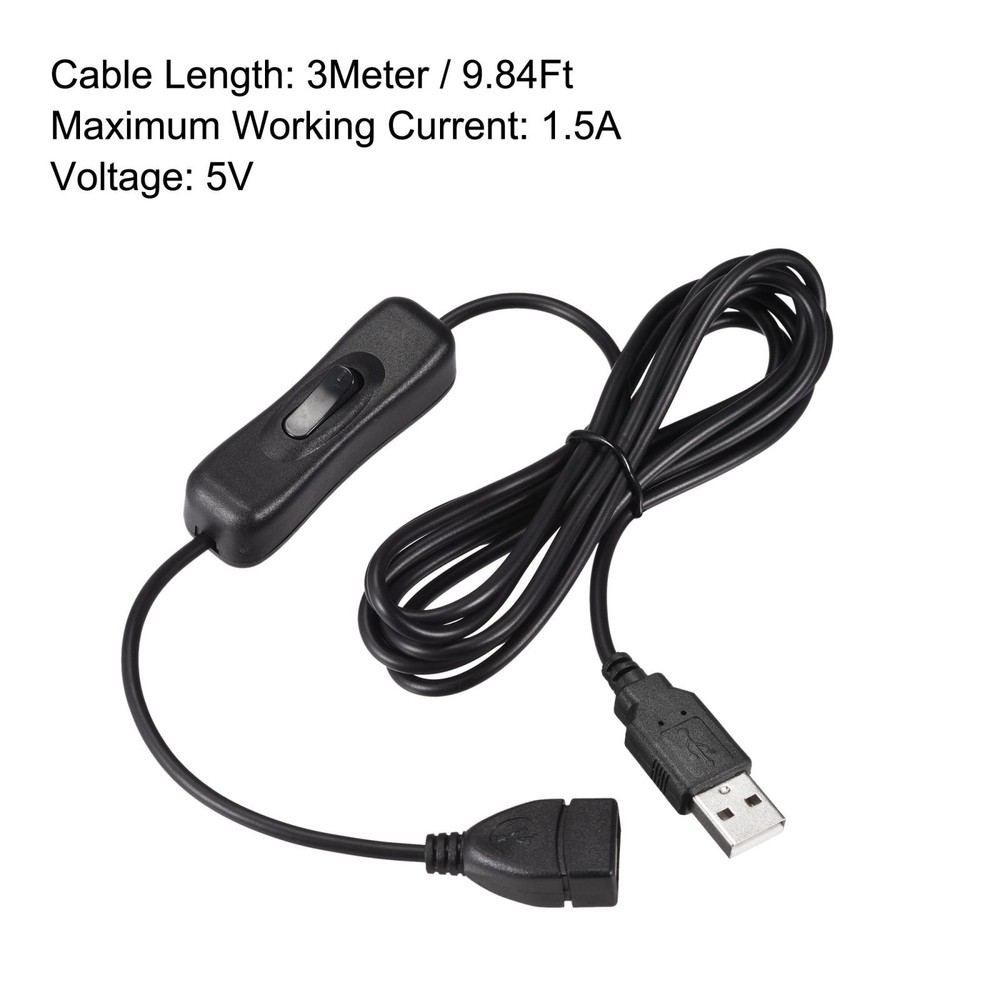 USB Cable with ON/OFF Switch Extension Cable 3 Meter Black