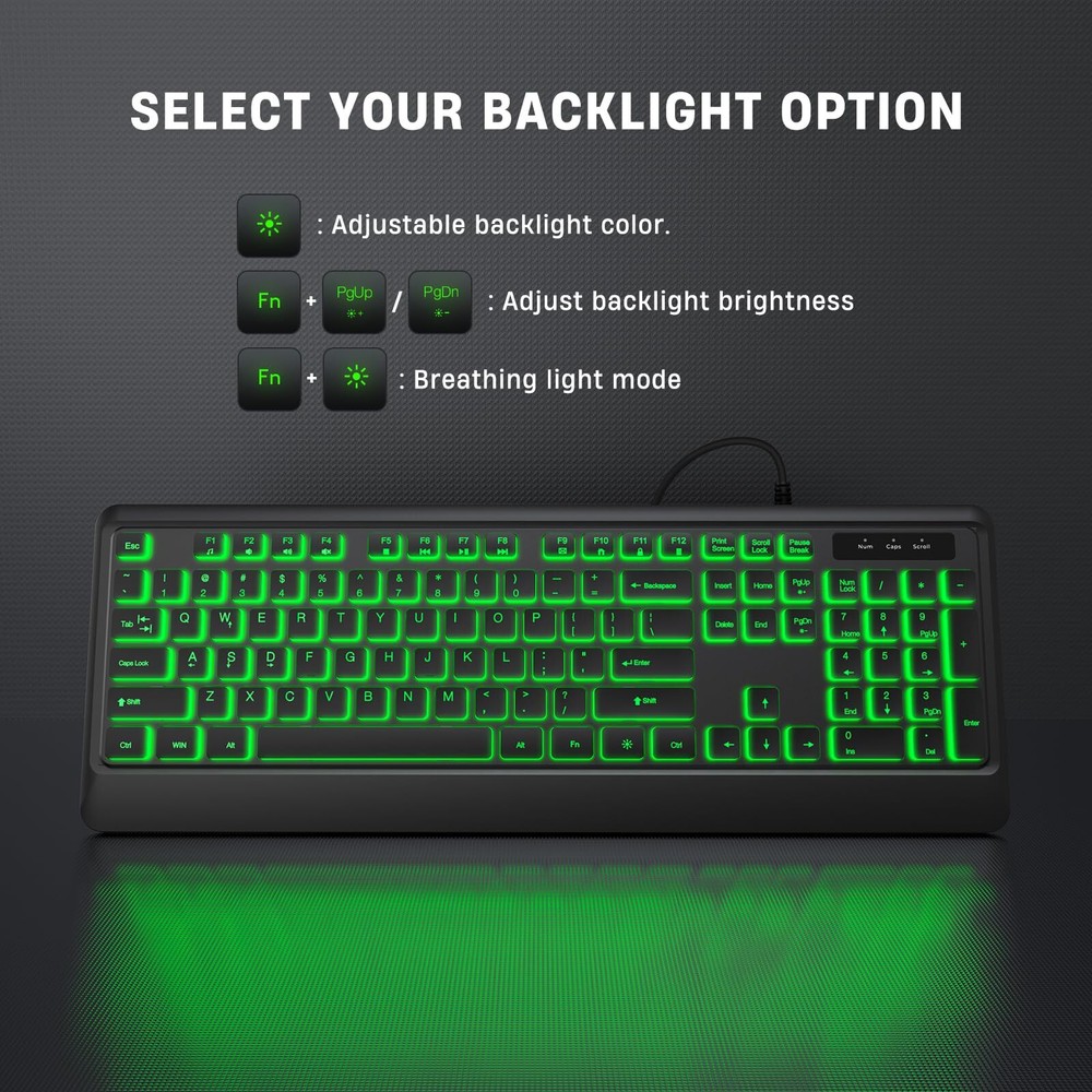 Backlit Computer Keyboard Wired USB LED 7 Colors Waterproof Full Size Gaming