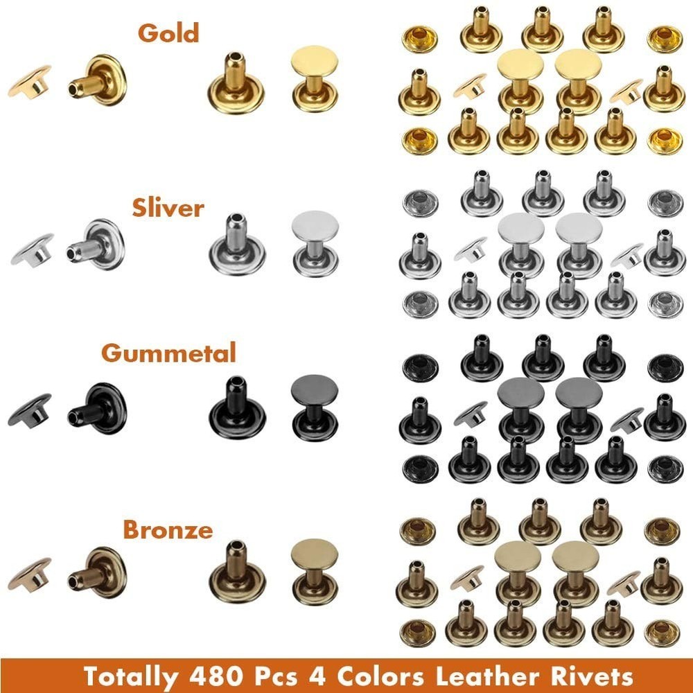 Complete 480-Piece Double Cap Rivet Set for Leather Craft | 4 Colors & 3 Sizes