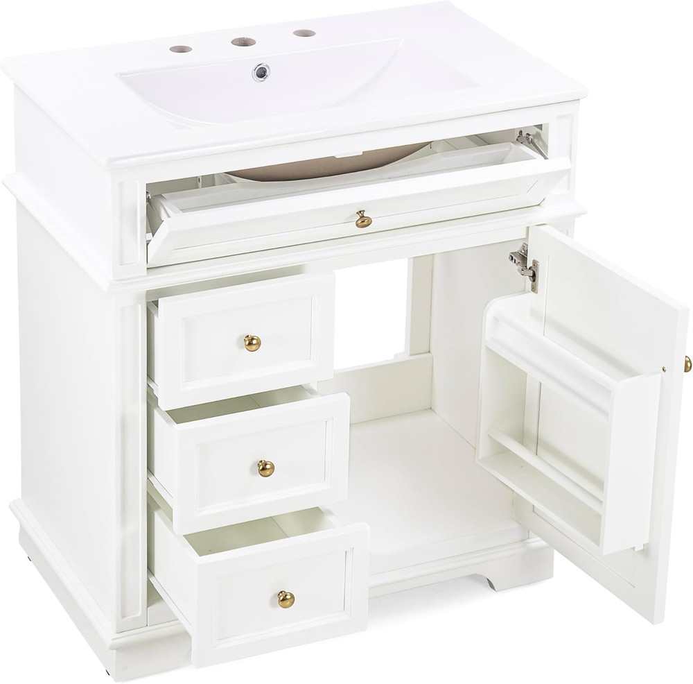 30" Bathroom Vanity with Sink Combo Set, Solid Wood Frame Bathroom Storage Cabin